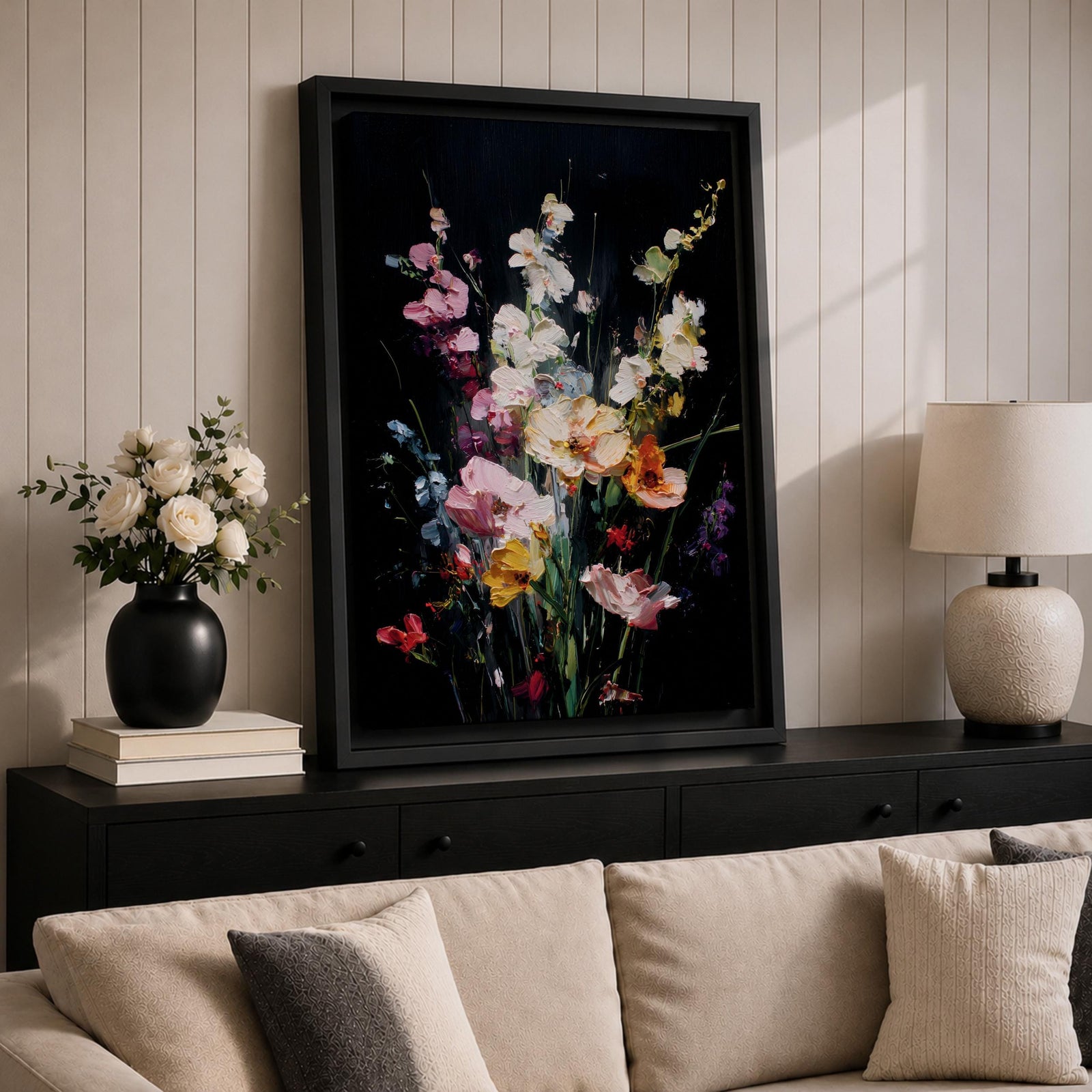 Floral Bouquet Wall Art Wildflower Botanical Framed Canvas Flower Arrangement Dark Black Moody Decor