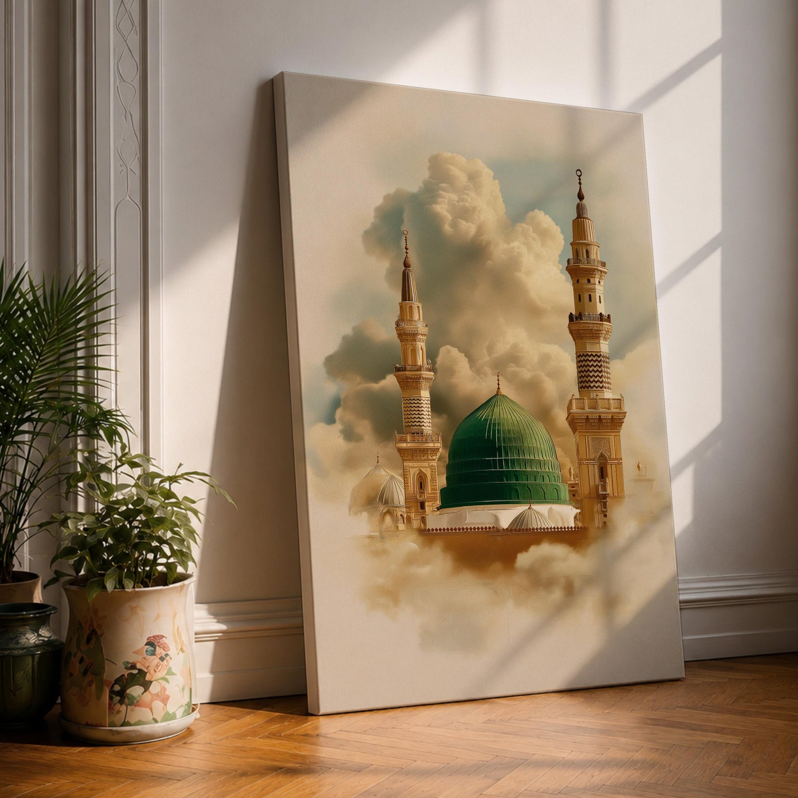 Masjid Nabawi Wall Art Medina Mosque Framed Canvas Green Dome Islamic Architecture Decor