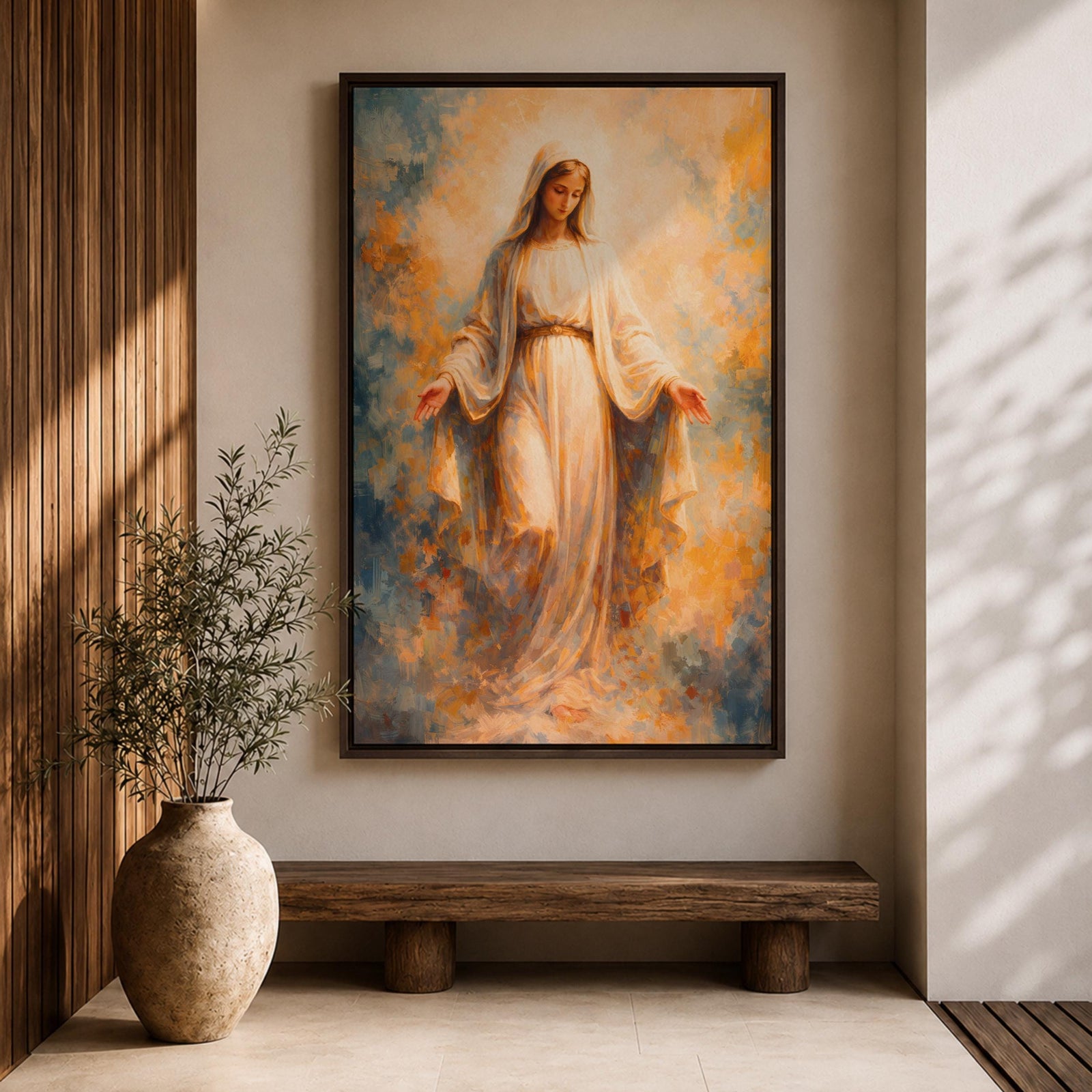 Virgin Mary Wall Art Blessed Mother Framed Canvas Heavenly Catholic Christian Spiritual Decor