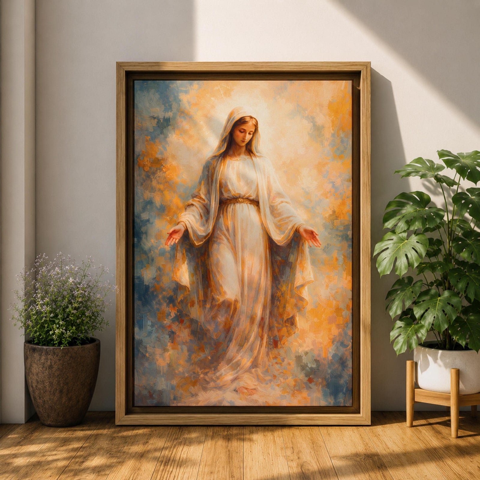 Virgin Mary Wall Art Blessed Mother Framed Canvas Heavenly Catholic Christian Spiritual Decor
