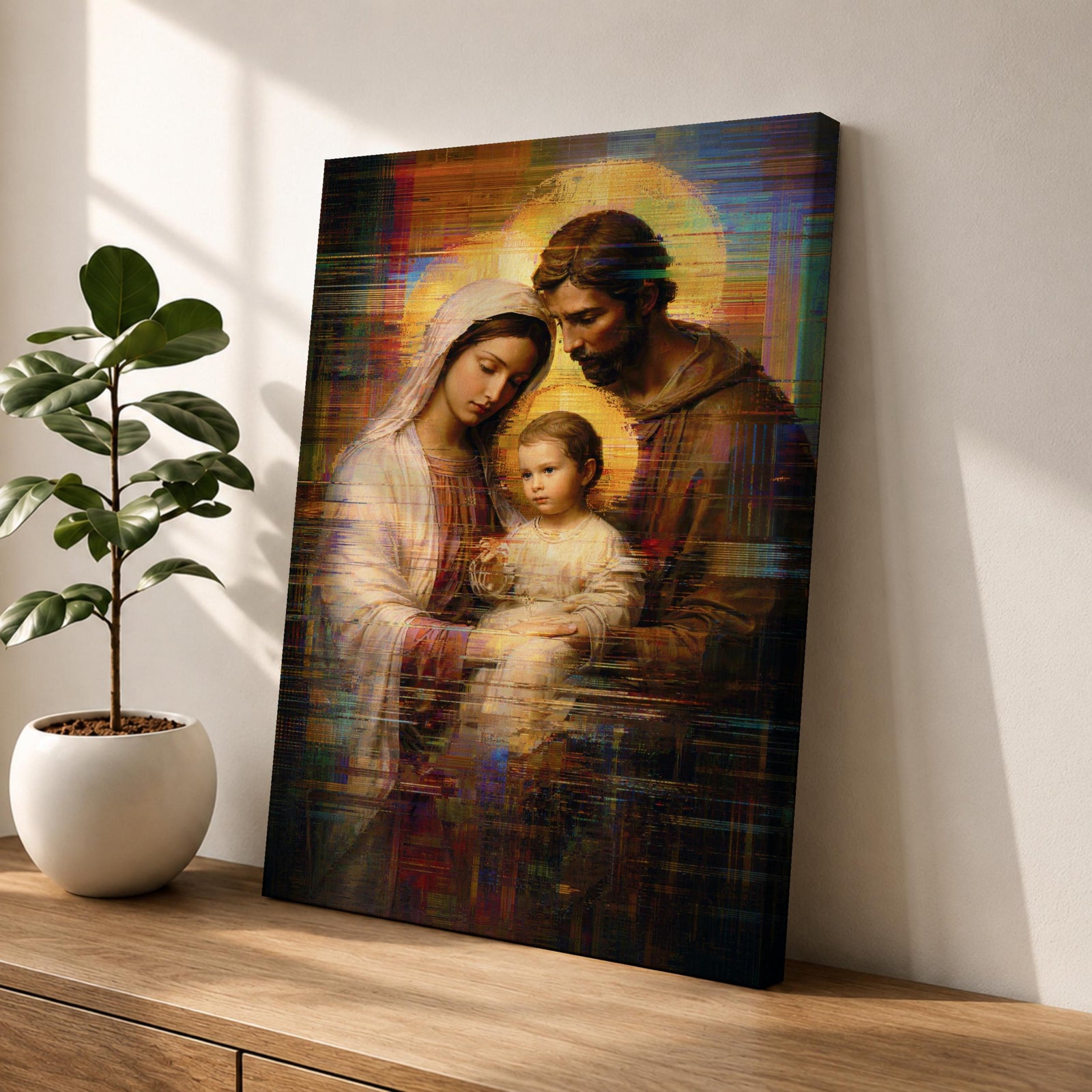 Holy Family Wall Art Mary Joseph Jesus Framed Canvas Glitch Abstract Christian Religious Decor