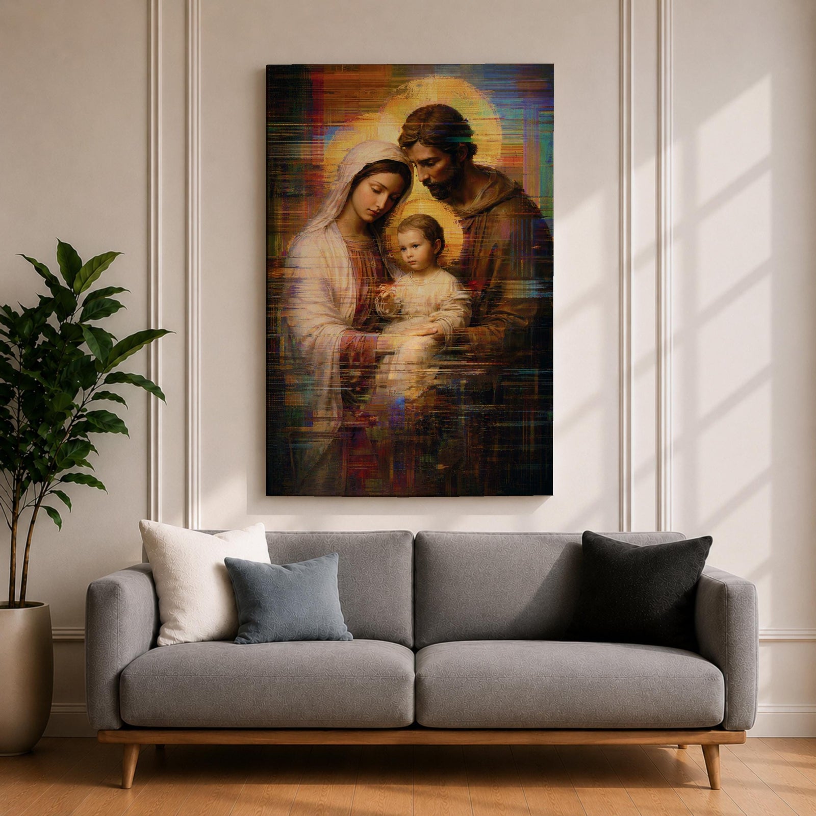 Holy Family Wall Art Mary Joseph Jesus Framed Canvas Glitch Abstract Christian Religious Decor