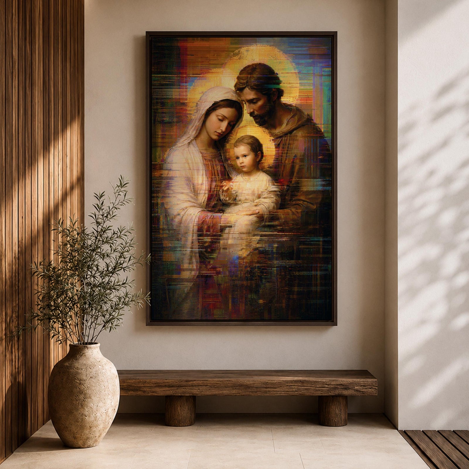 Holy Family Wall Art Mary Joseph Jesus Framed Canvas Glitch Abstract Christian Religious Decor