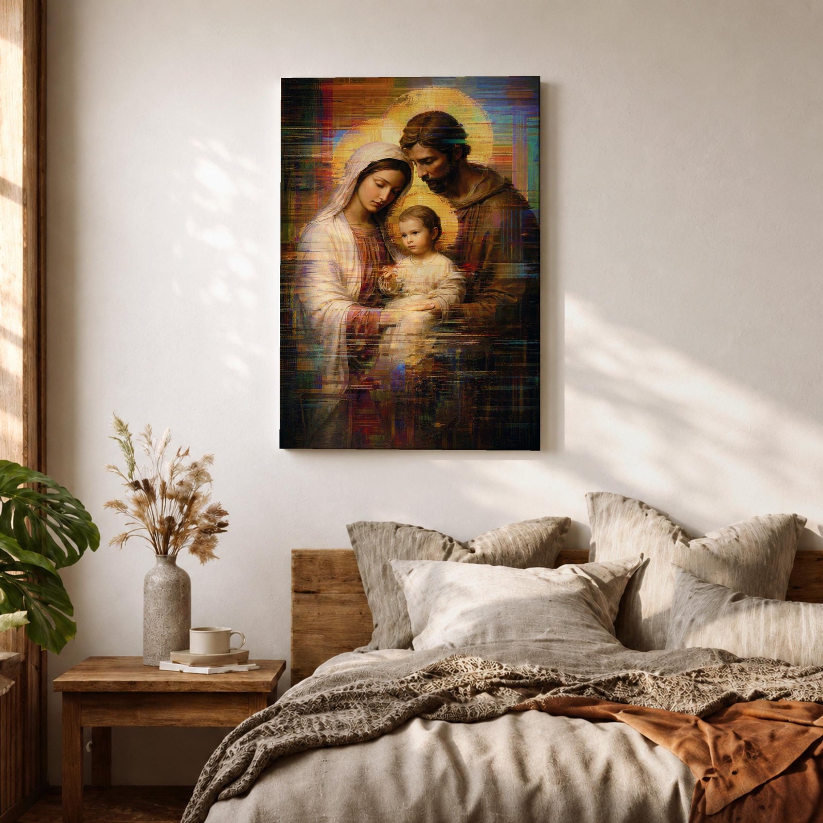 Holy Family Wall Art Mary Joseph Jesus Framed Canvas Glitch Abstract Christian Religious Decor
