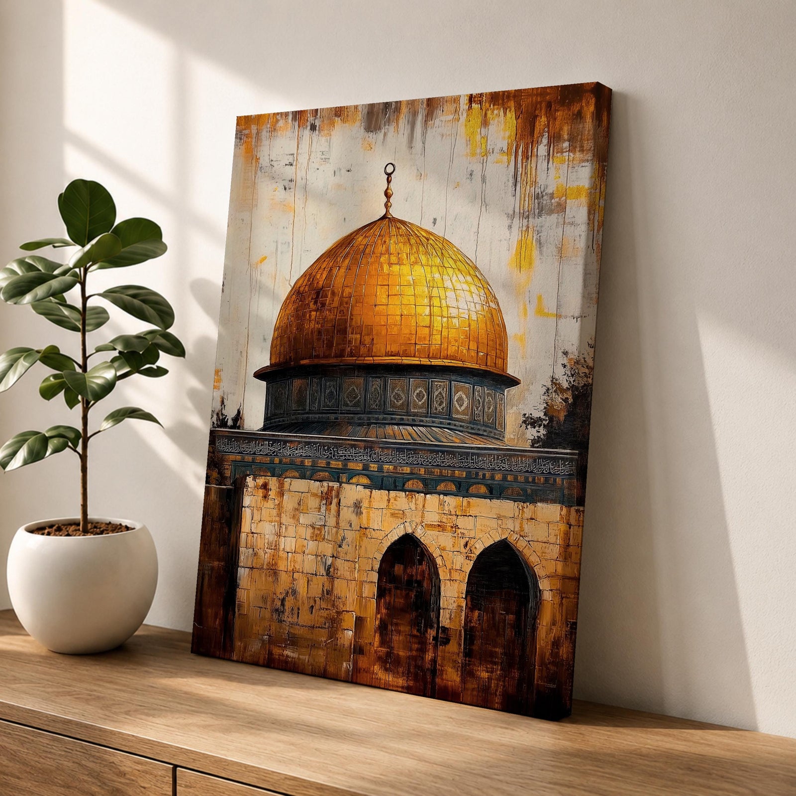 Masjid Al Aqsa Wall Art Golden Dome Framed Canvas Jerusalem Mosque Vintage Islamic Decor