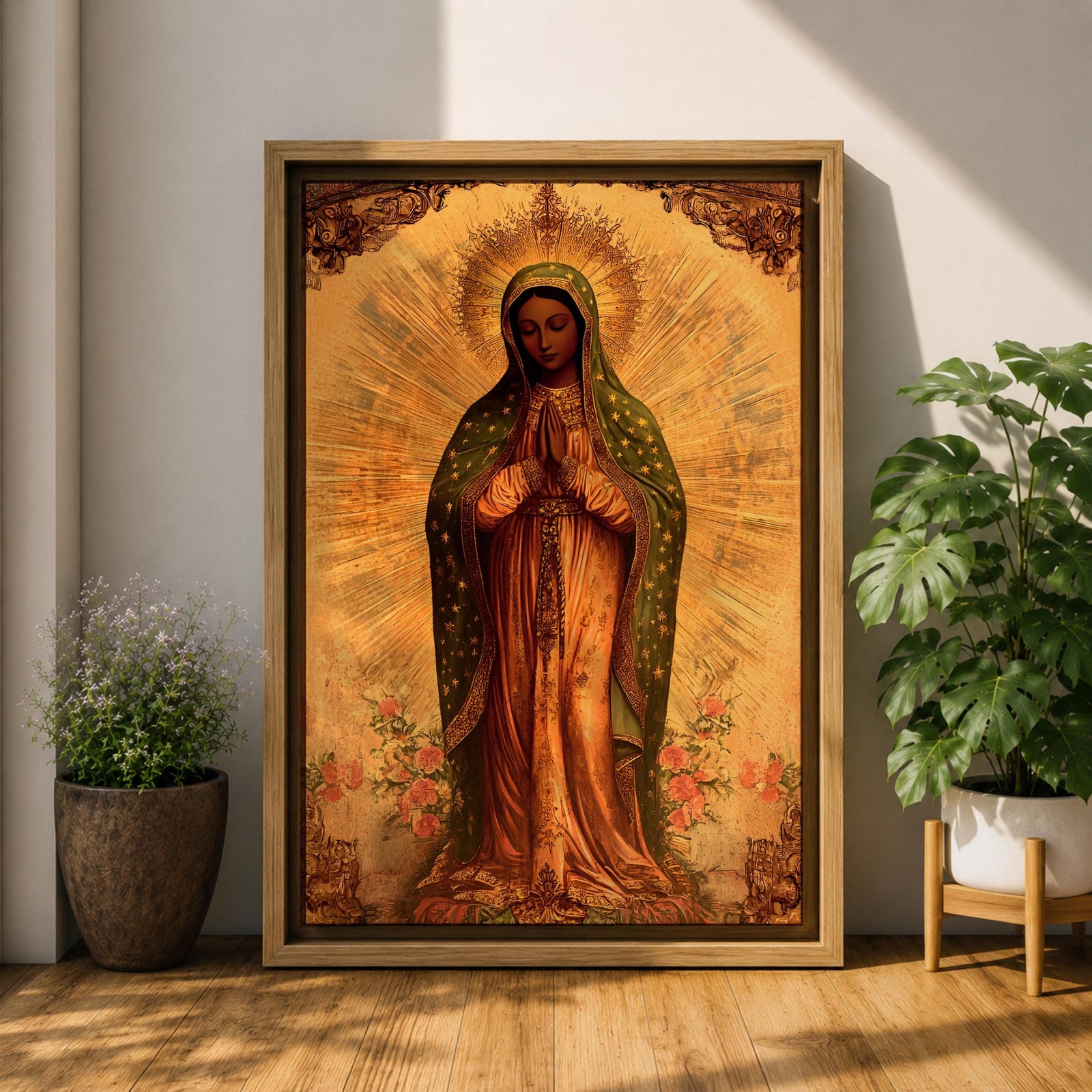 Our Lady of Guadalupe Wall Art La Morenita Framed Canvas Mexican Catholic Marian Decor