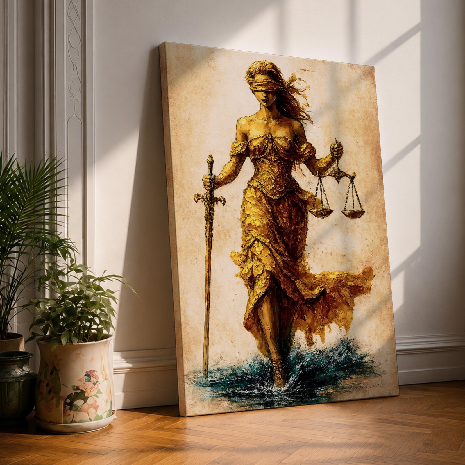 Lady Justice Wall Art Justitia Framed Canvas Textured Law Symbol Vintage Classic Home Decor