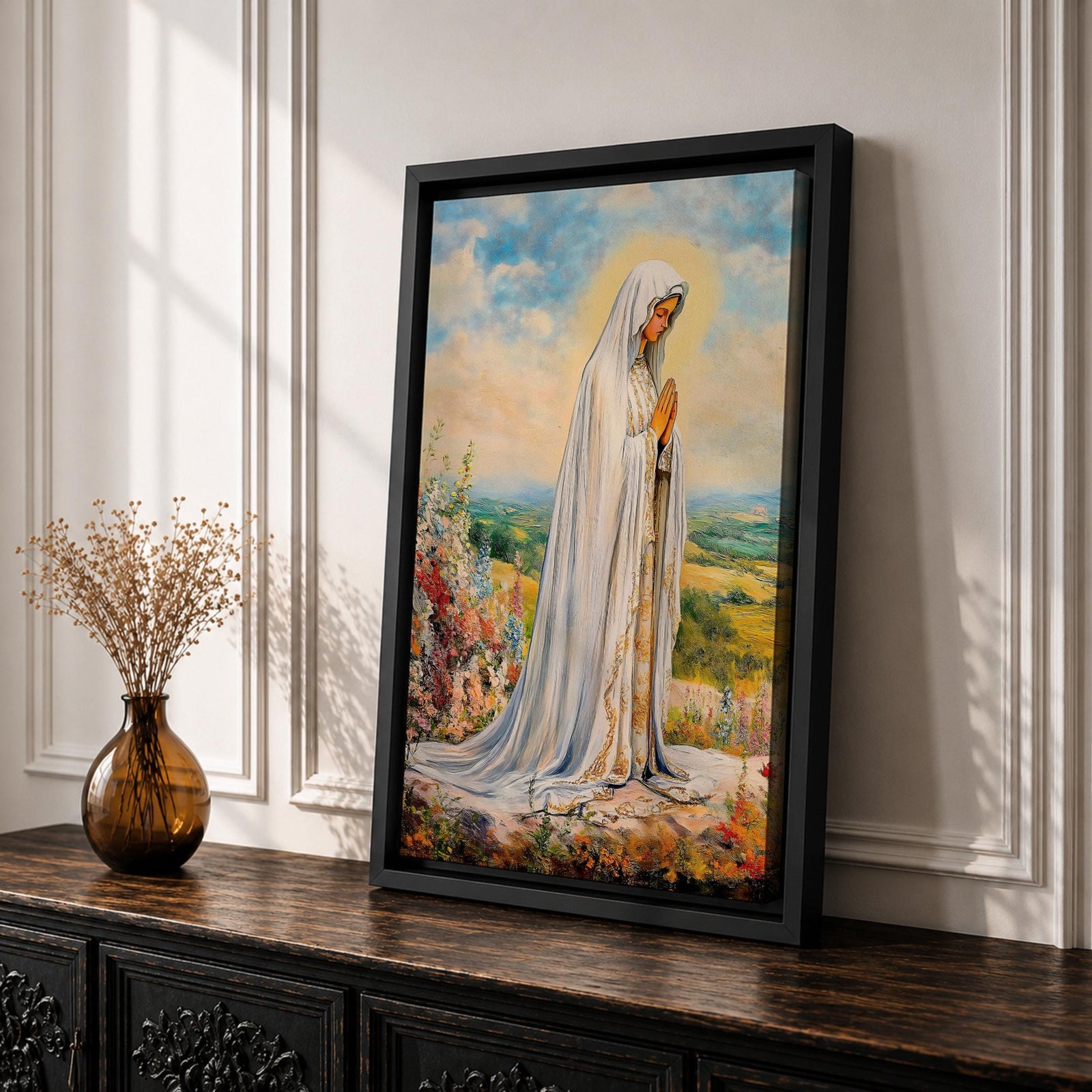 Our Lady of Fatima Wall Art Virgin Mary Apparition Framed Canvas Catholic Home Decor