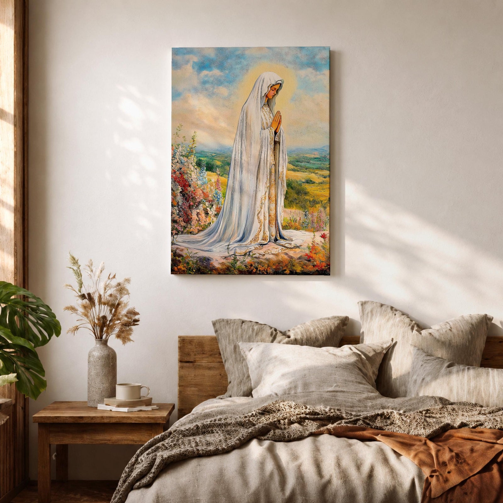 Our Lady of Fatima Wall Art Virgin Mary Apparition Framed Canvas Catholic Home Decor