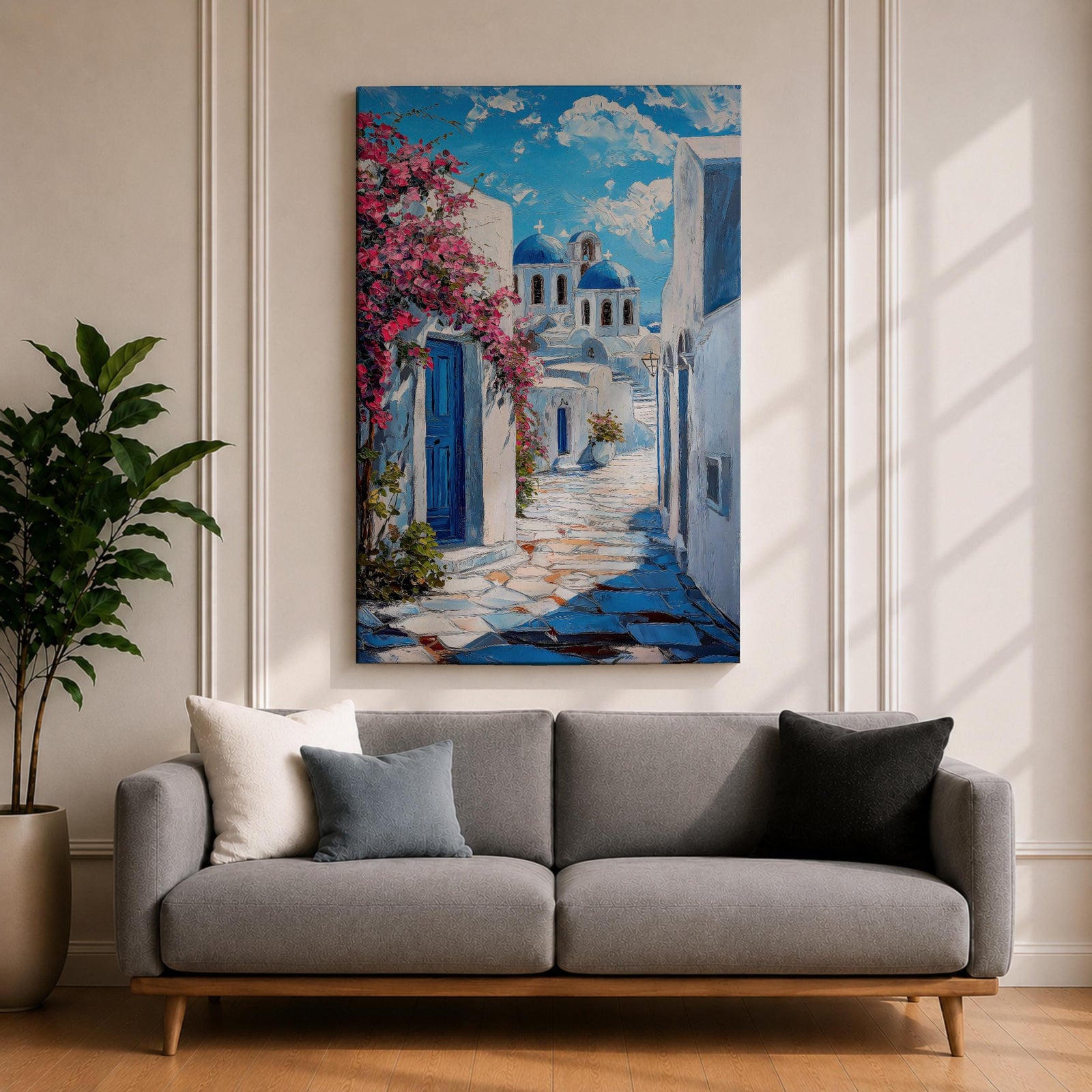 Santorini Village Wall Art Greek Island Street Framed Canvas Mediterranean Coastal Landscape Kitchen Decor