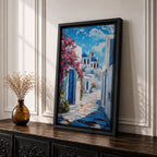 Santorini Village Wall Art Greek Island Street Framed Canvas Mediterranean Coastal Landscape Kitchen Decor