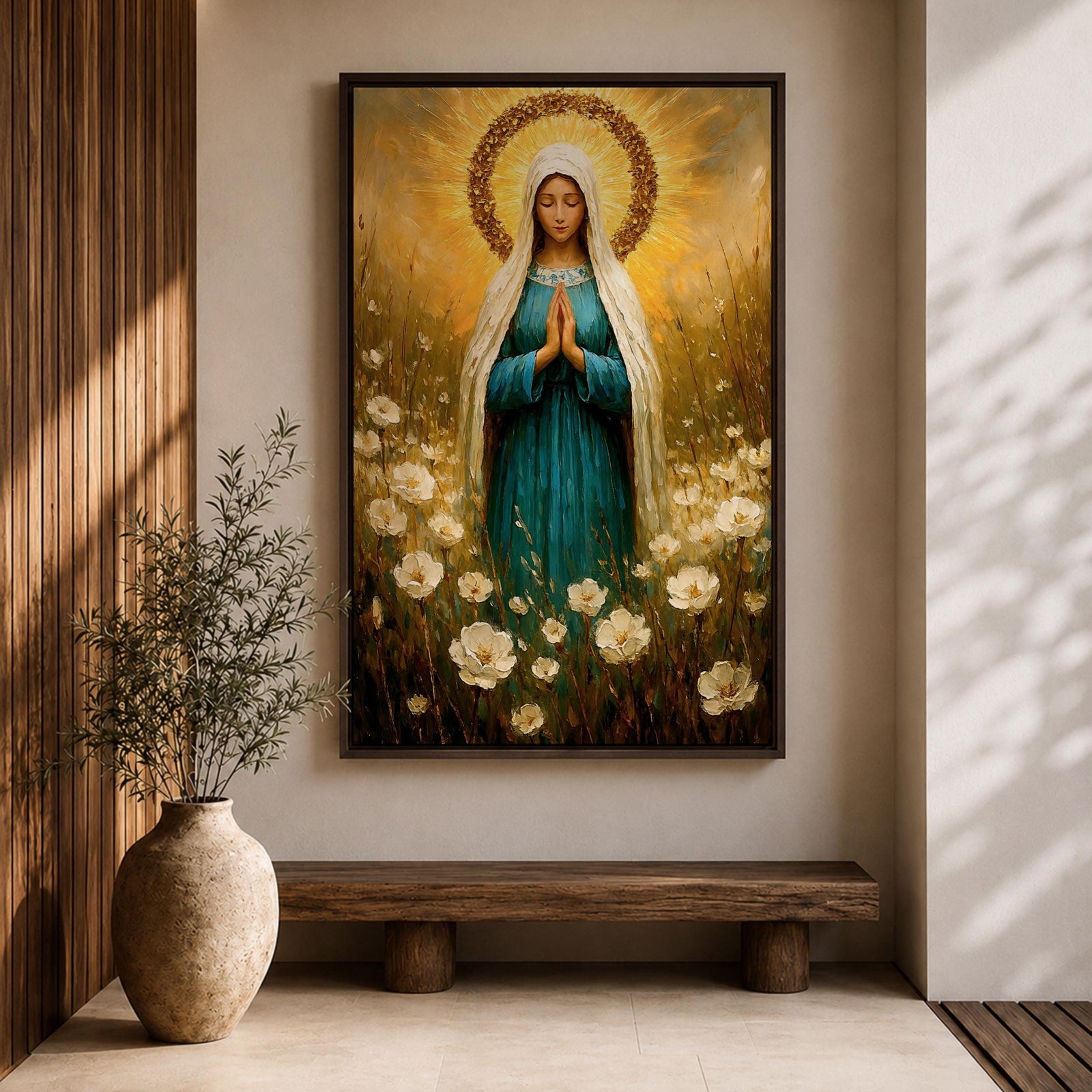 Virgin Mary Wall Art Wildflower Framed Canvas Madonna Christian Prayer Room Home Decor