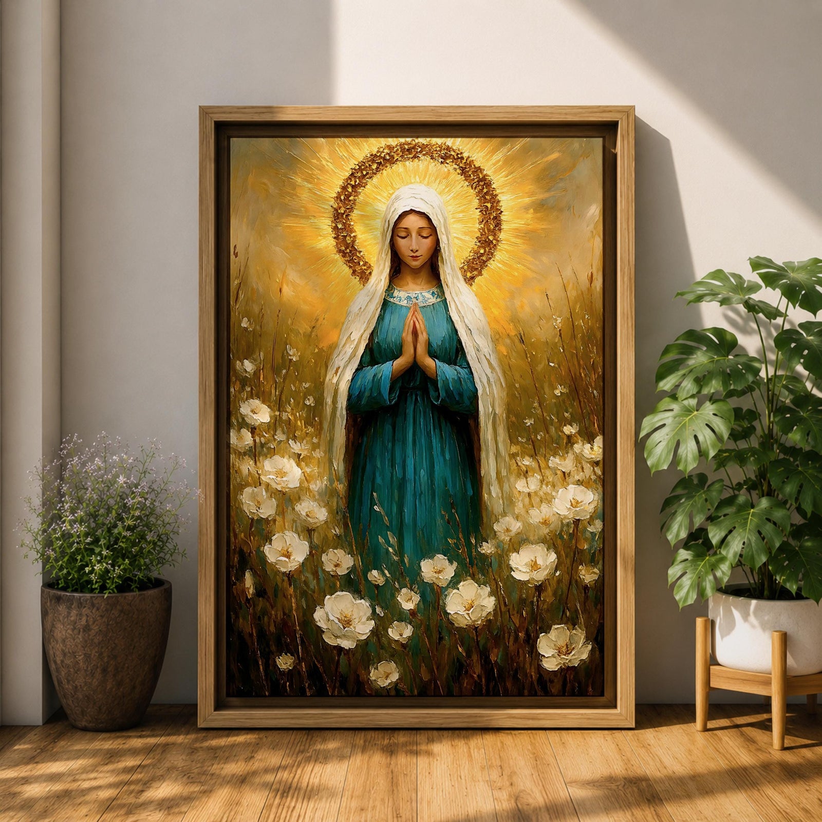 Virgin Mary Wall Art Wildflower Framed Canvas Madonna Christian Prayer Room Home Decor