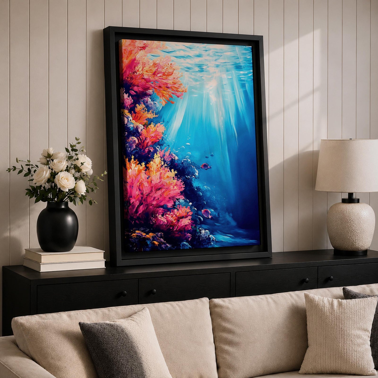 Coral Reef Wall Art Tropical Underwater Ocean Framed Canvas Marine Life Landscape Bedroom Decor