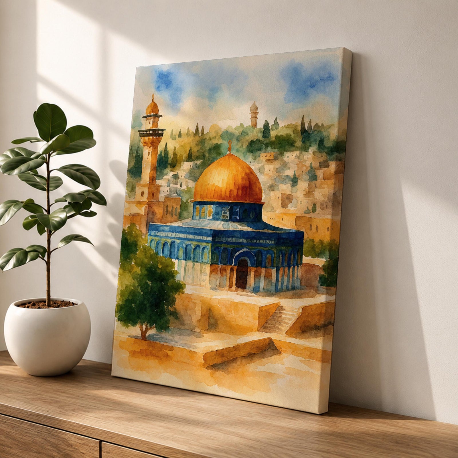 Masjid Al Aqsa Wall Art Old City View Framed Canvas Jerusalem Watercolor Islamic Decor