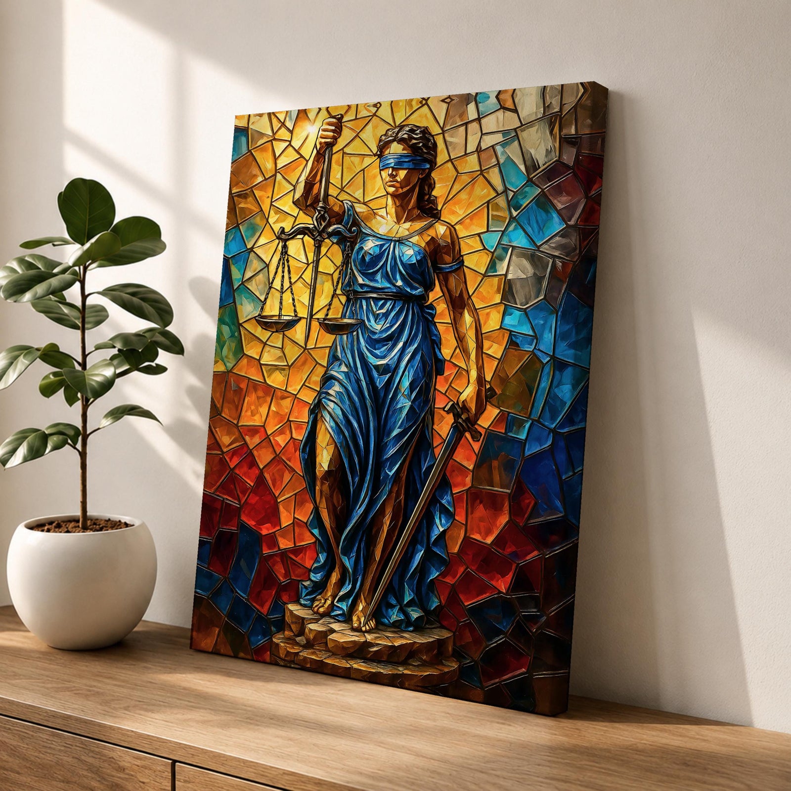 Lady Justice Legal Symbol Wall Art Blindfolded Scales Stained Glass Gift Office Home Decor