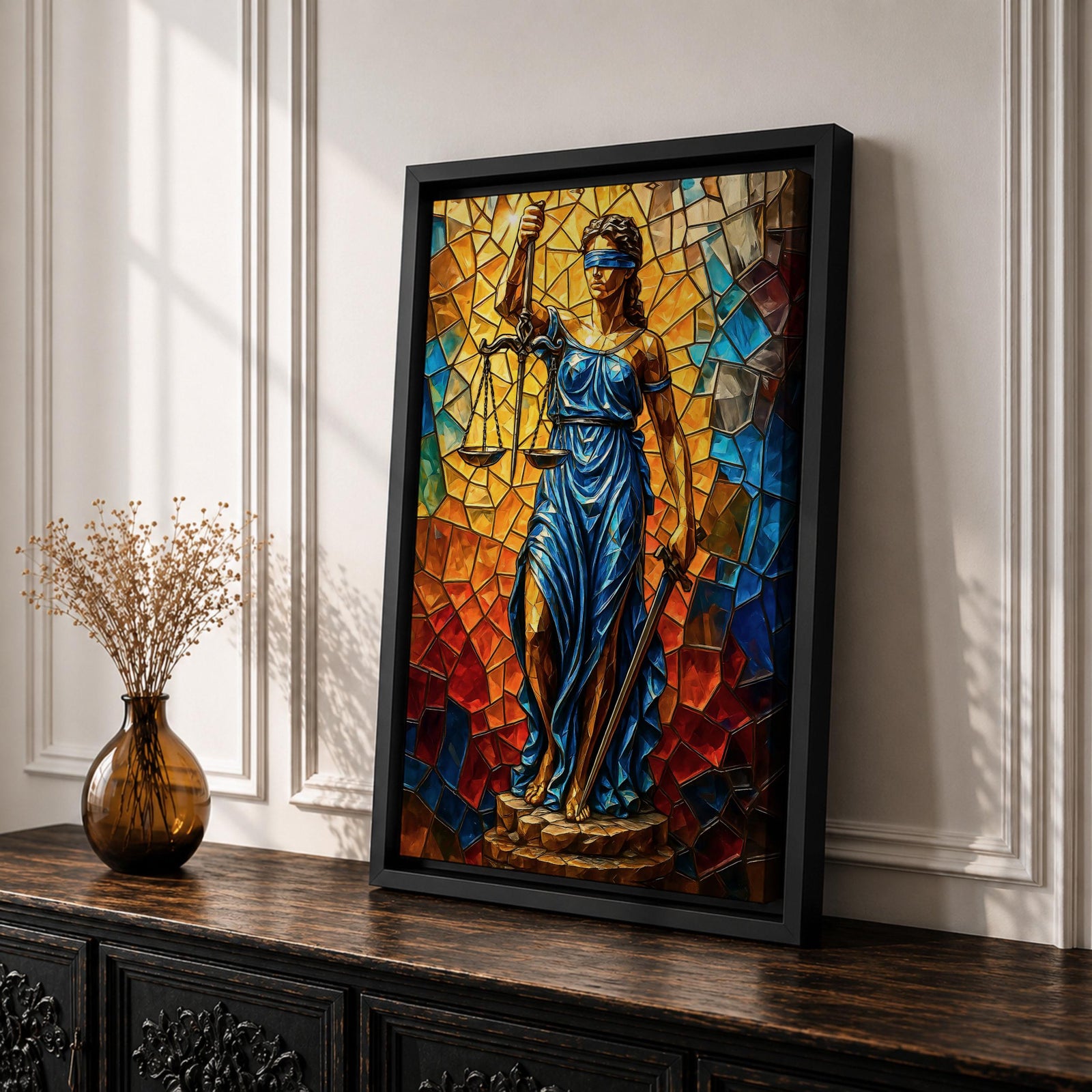 Lady Justice Legal Symbol Wall Art Blindfolded Scales Stained Glass Gift Office Home Decor