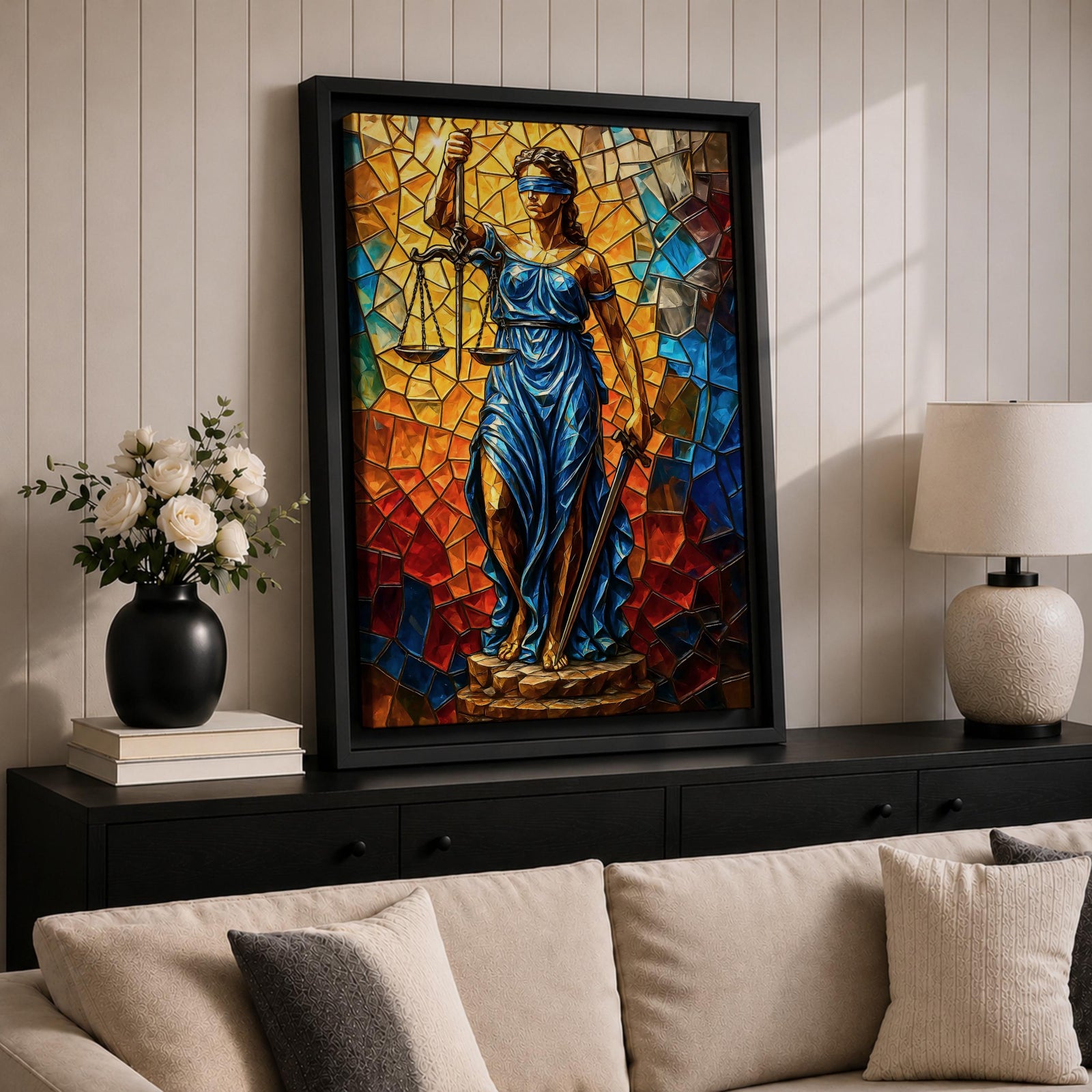 Lady Justice Legal Symbol Wall Art Blindfolded Scales Stained Glass Gift Office Home Decor