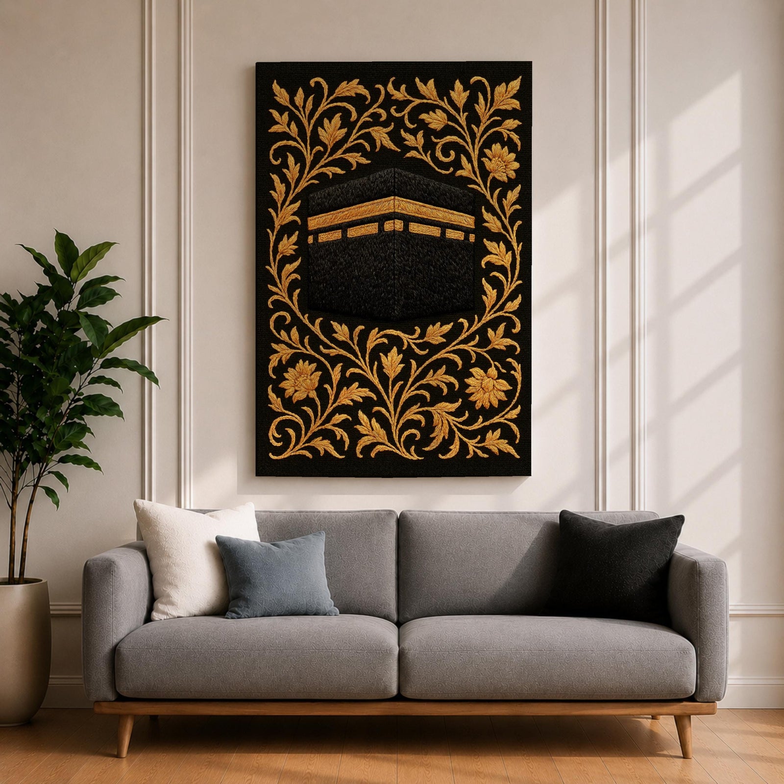 Kaaba Wall Art Gold Embroidery Framed Canvas Masjid Haram Mecca Textile Islamic Home Decor