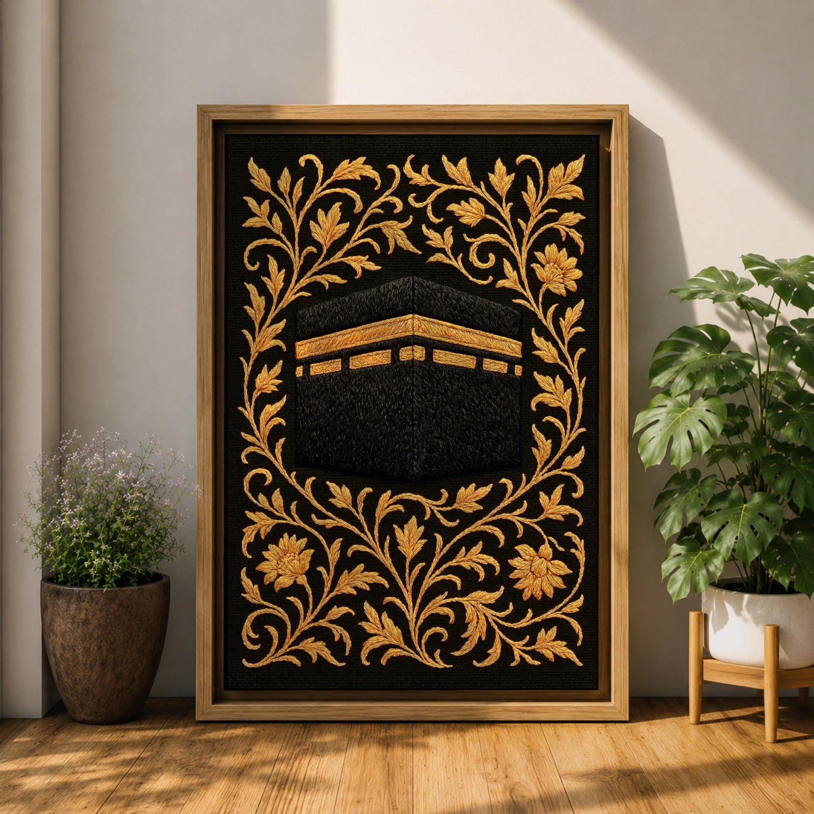 Kaaba Wall Art Gold Embroidery Framed Canvas Masjid Haram Mecca Textile Islamic Home Decor