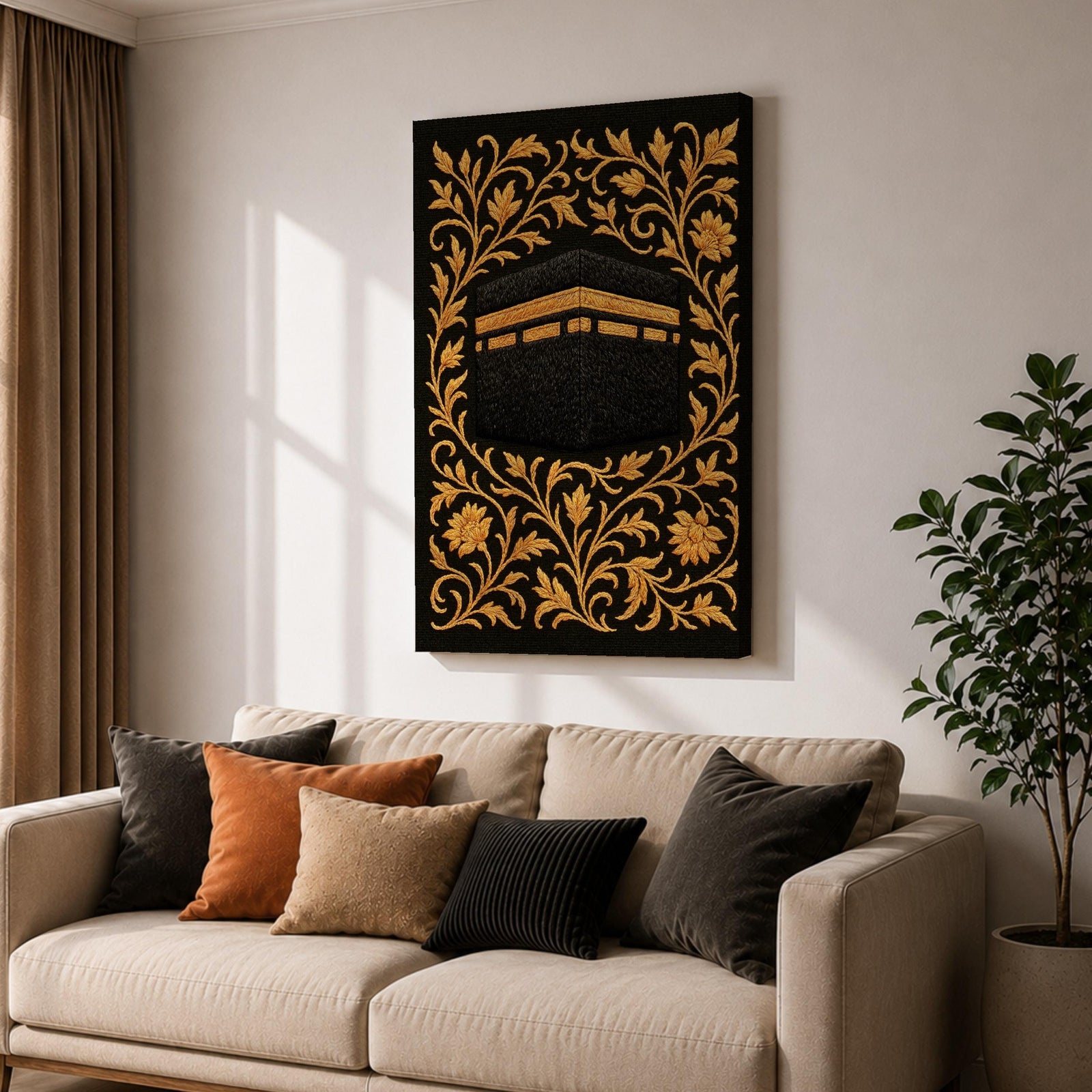 Kaaba Wall Art Gold Embroidery Framed Canvas Masjid Haram Mecca Textile Islamic Home Decor