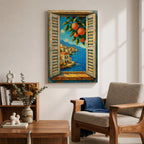 Mediterranean Orange Tree Window Wall Art Italian Coastal View Framed Canvas Seaside Bedroom Decor