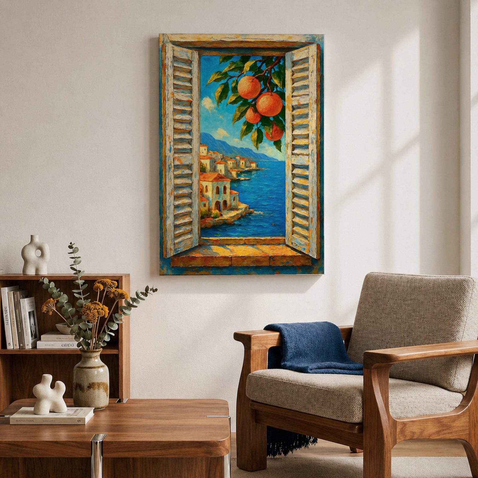 Mediterranean Orange Tree Window Wall Art Italian Coastal View Framed Canvas Seaside Bedroom Decor