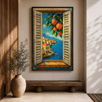 Mediterranean Orange Tree Window Wall Art Italian Coastal View Framed Canvas Seaside Bedroom Decor