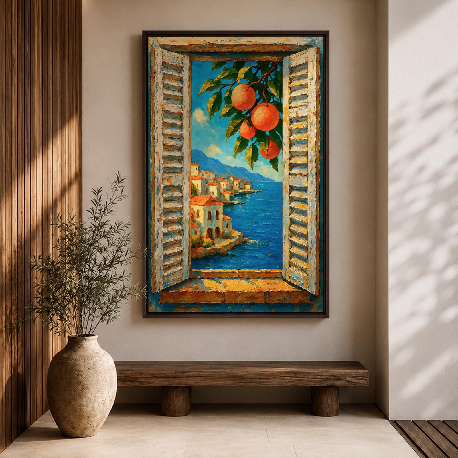 Mediterranean Orange Tree Window Wall Art Italian Coastal View Framed Canvas Seaside Bedroom Decor