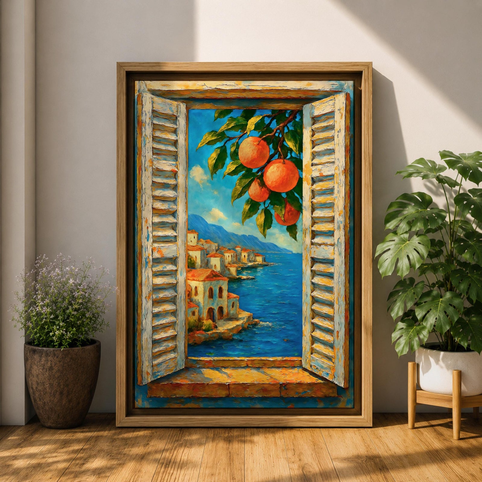 Mediterranean Orange Tree Window Wall Art Italian Coastal View Framed Canvas Seaside Bedroom Decor
