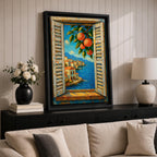 Mediterranean Orange Tree Window Wall Art Italian Coastal View Framed Canvas Seaside Bedroom Decor
