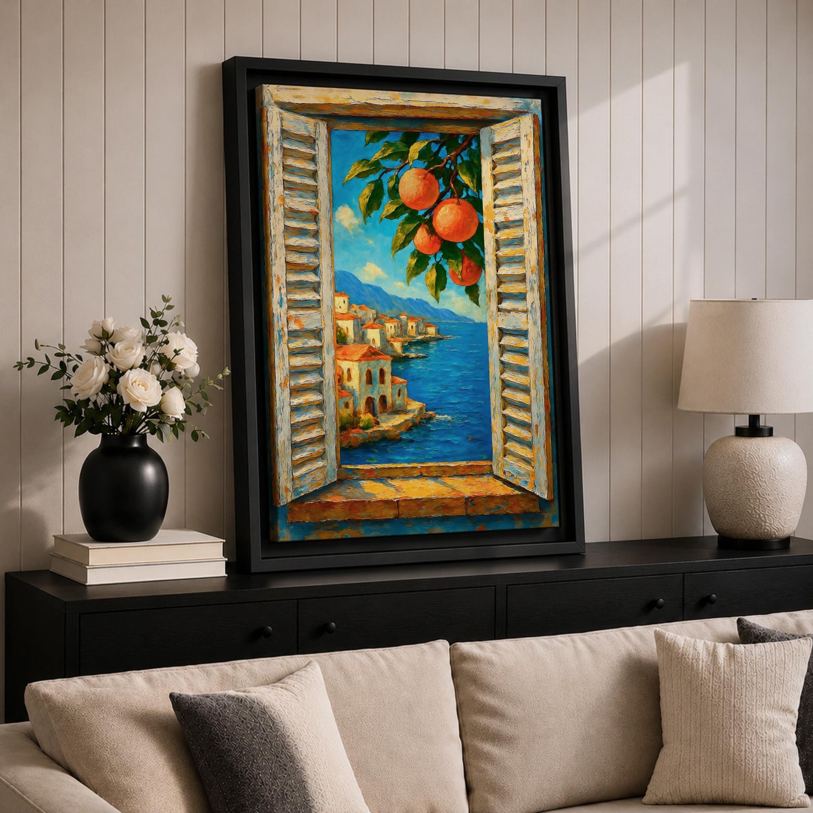 Mediterranean Orange Tree Window Wall Art Italian Coastal View Framed Canvas Seaside Bedroom Decor