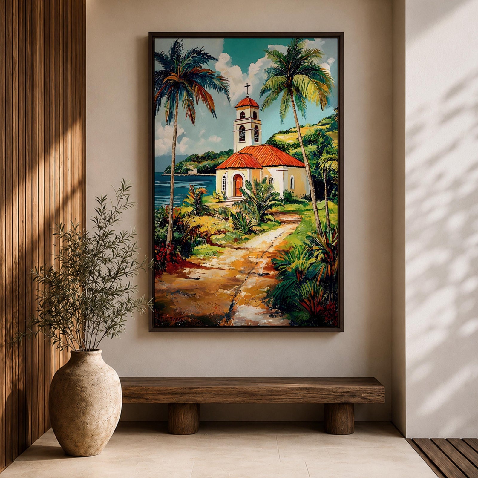 Tropical Church Wall Art Palm Chapel Framed Canvas Coastal Spanish Mission Catholic Home Decor