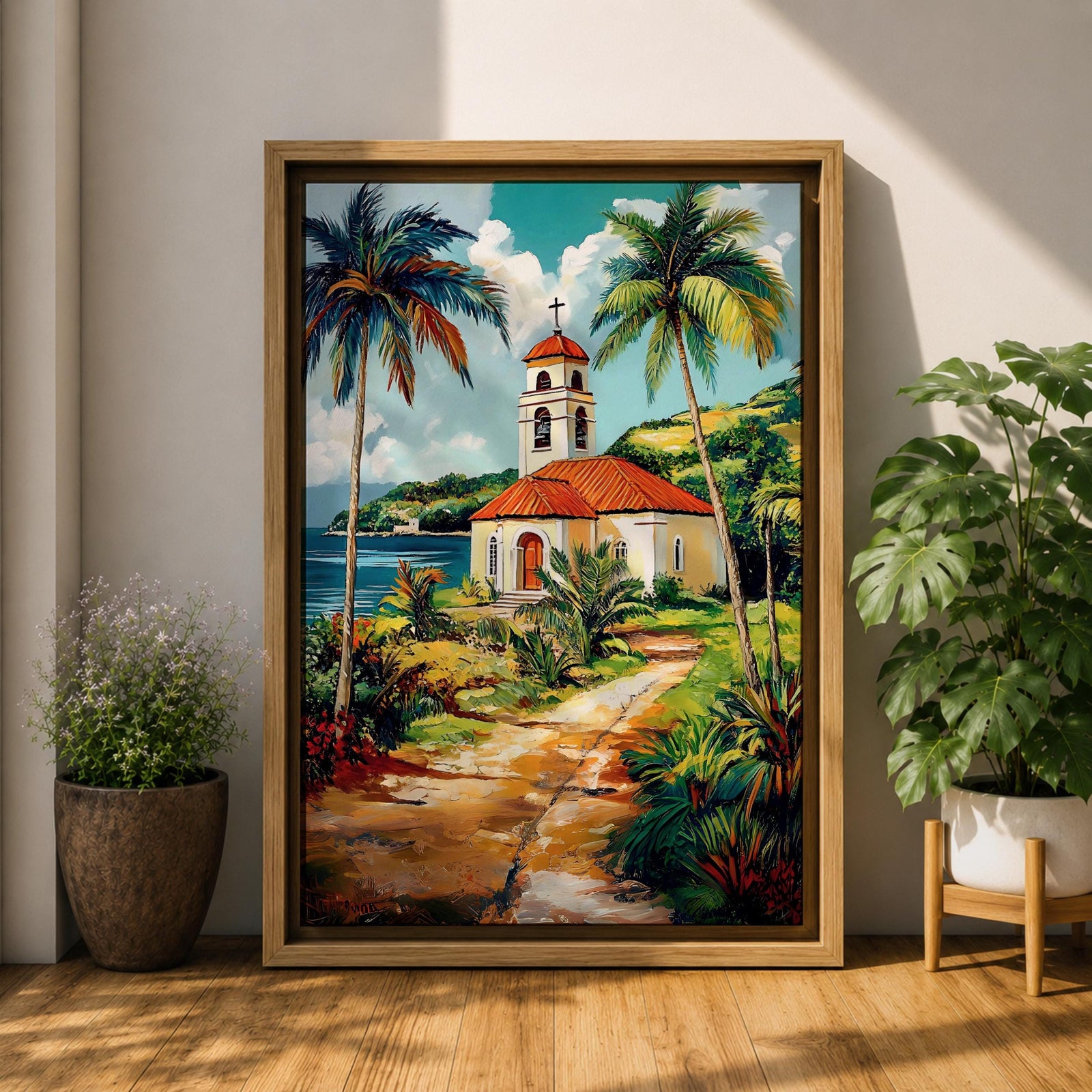 Tropical Church Wall Art Palm Chapel Framed Canvas Coastal Spanish Mission Catholic Home Decor