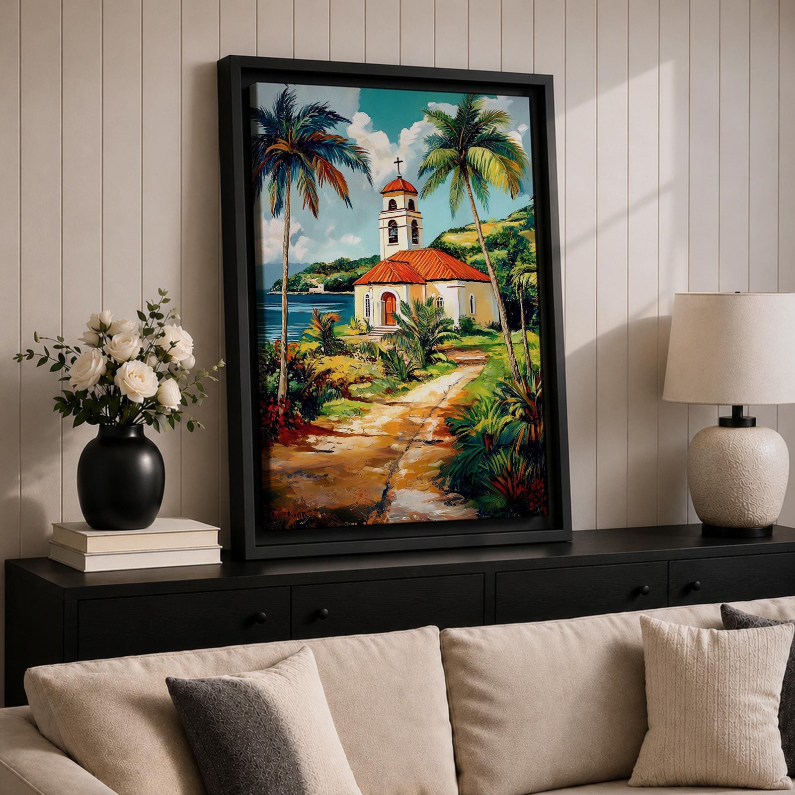 Tropical Church Wall Art Palm Chapel Framed Canvas Coastal Spanish Mission Catholic Home Decor