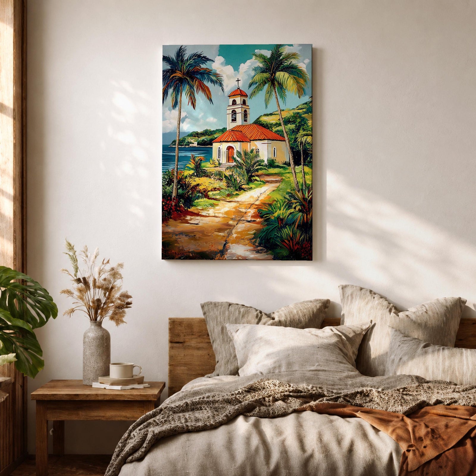 Tropical Church Wall Art Palm Chapel Framed Canvas Coastal Spanish Mission Catholic Home Decor
