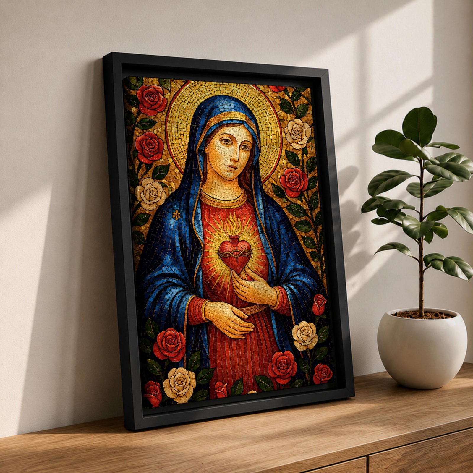 Immaculate Heart of Mary Wall Art Mother of Mercy Framed Canvas Marian Catholic Decor