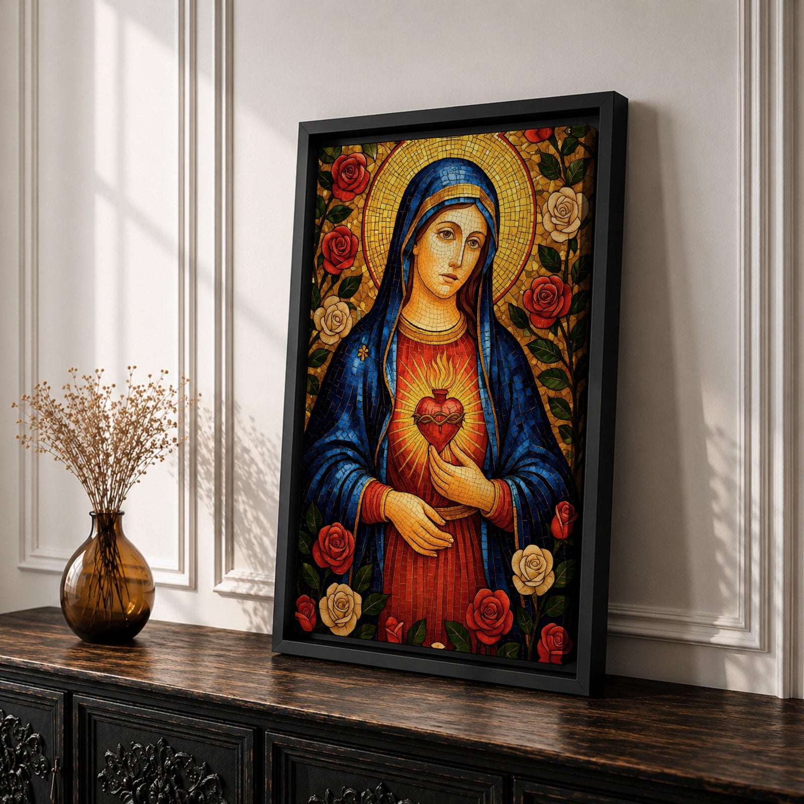 Immaculate Heart of Mary Wall Art Mother of Mercy Framed Canvas Marian Catholic Decor
