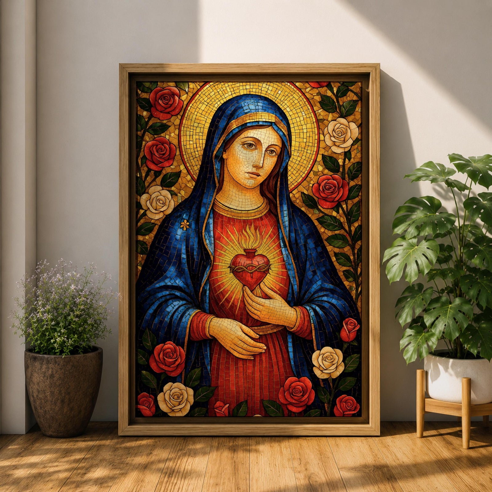 Immaculate Heart of Mary Wall Art Mother of Mercy Framed Canvas Marian Catholic Decor