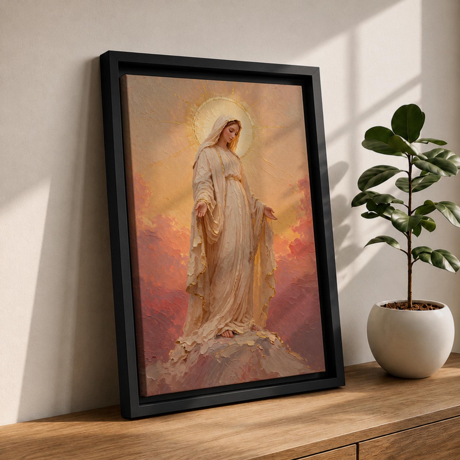 Our Lady of Lourdes Wall Art Open Arms Framed Canvas Madonna Immaculate Christian Decor