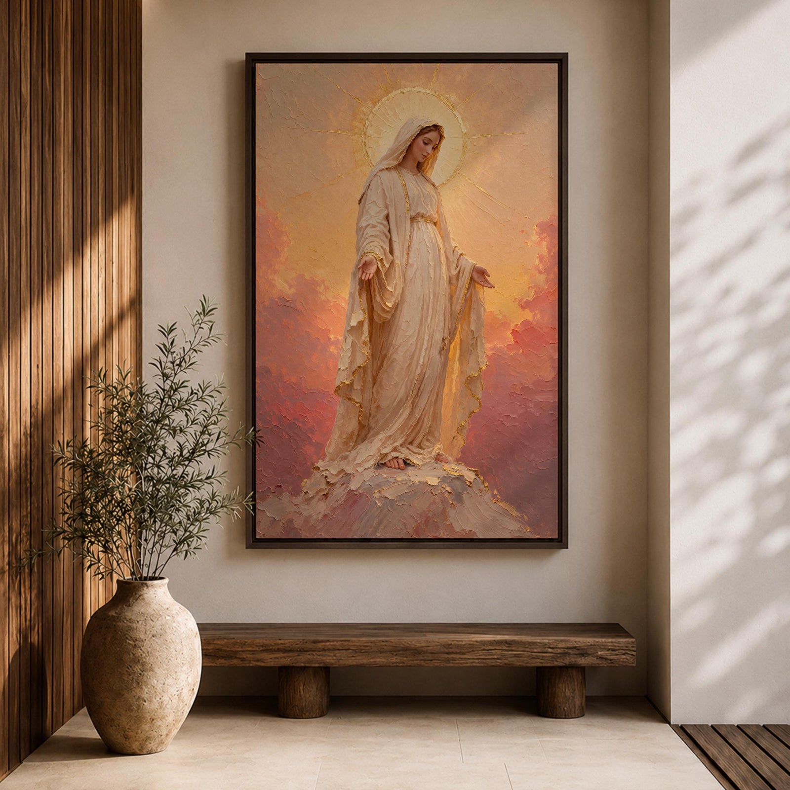 Our Lady of Lourdes Wall Art Open Arms Framed Canvas Madonna Immaculate Christian Decor