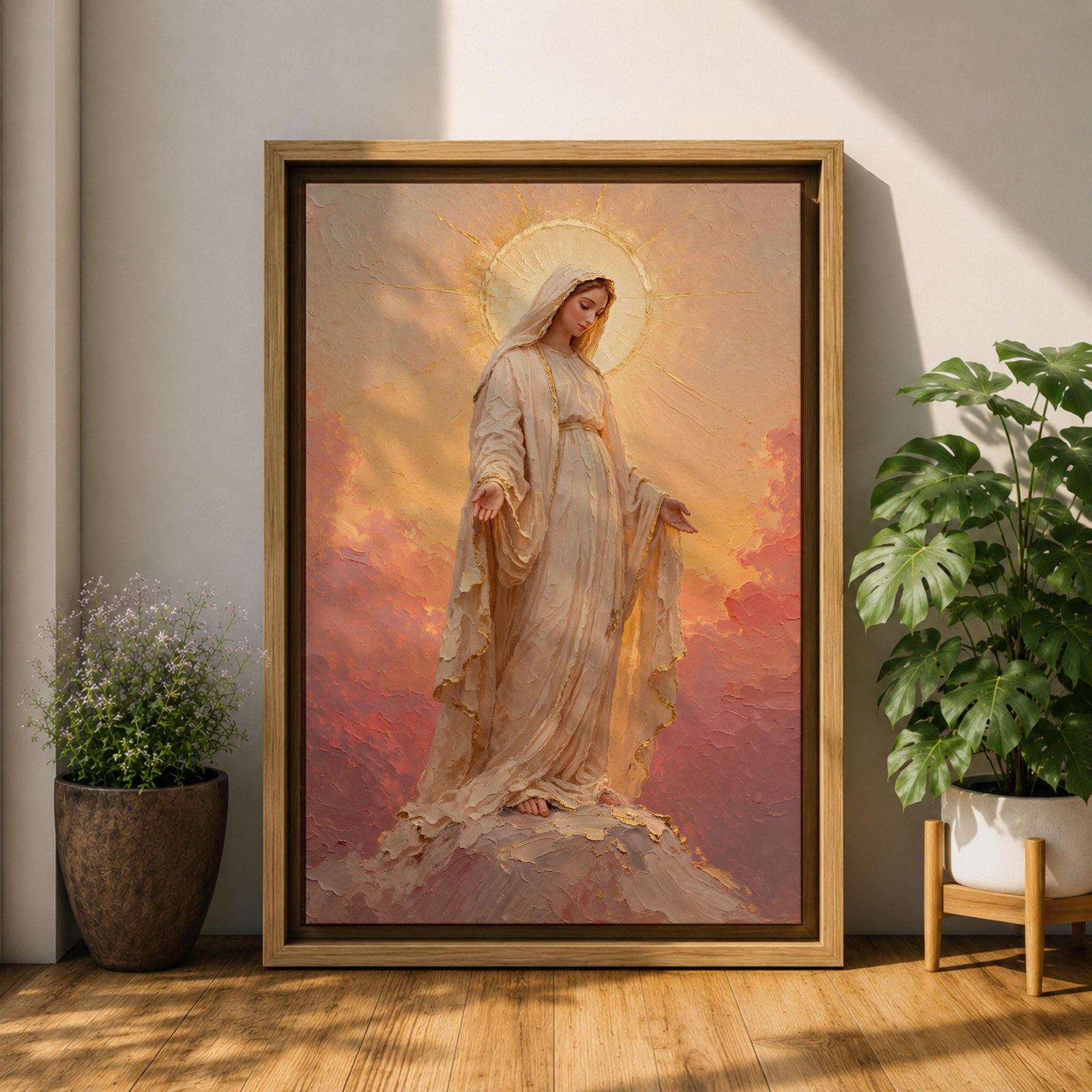 Our Lady of Lourdes Wall Art Open Arms Framed Canvas Madonna Immaculate Christian Decor