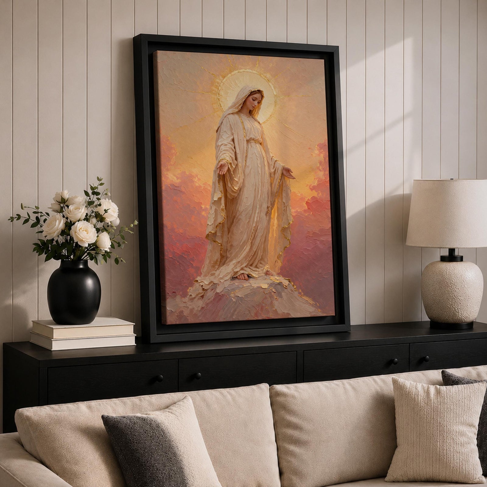 Our Lady of Lourdes Wall Art Open Arms Framed Canvas Madonna Immaculate Christian Decor
