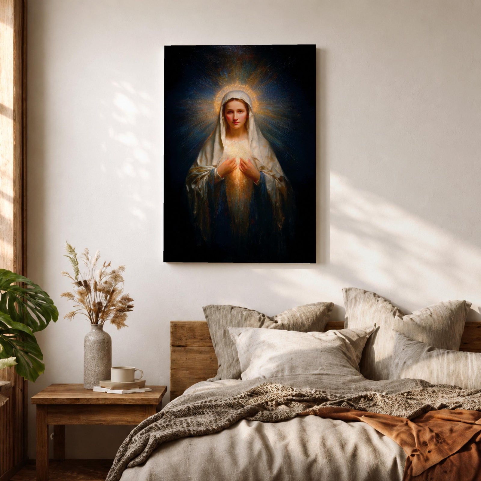 Sacred Heart Mary Wall Art Immaculate Heart Framed Canvas Glowing Catholic Christian Religious Decor