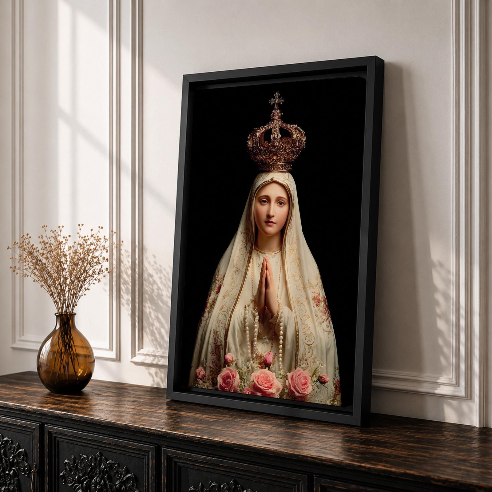 Our Lady of Fatima Wall Art Praying Portrait Framed Canvas Madonna Catholic Christian Decor