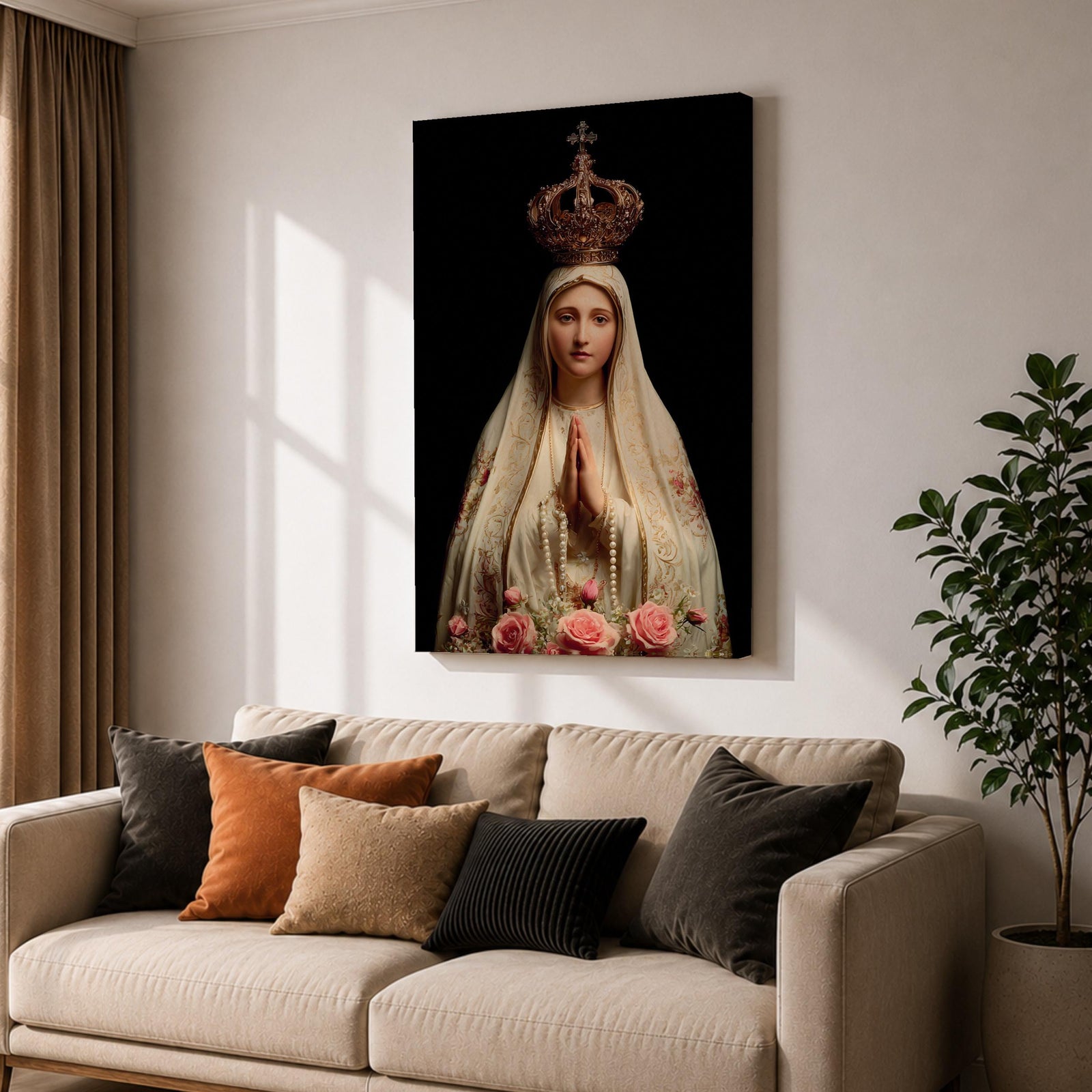 Our Lady of Fatima Wall Art Praying Portrait Framed Canvas Madonna Catholic Christian Decor