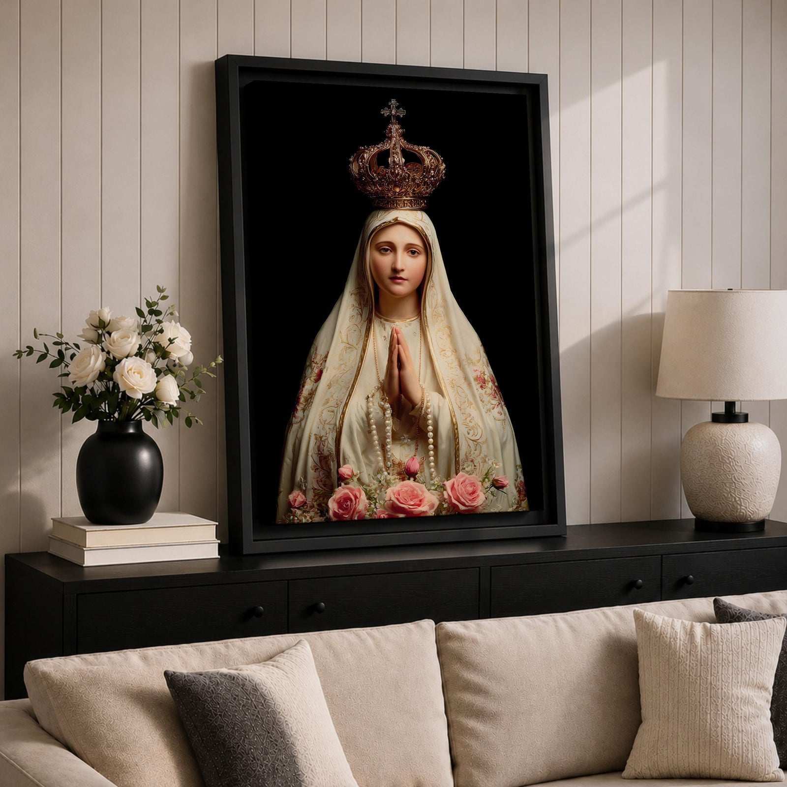 Our Lady of Fatima Wall Art Praying Portrait Framed Canvas Madonna Catholic Christian Decor
