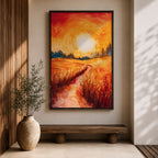 Golden Wheat Field Wall Art Sunset Path Framed Canvas Rustic Landscape Living Room Decor