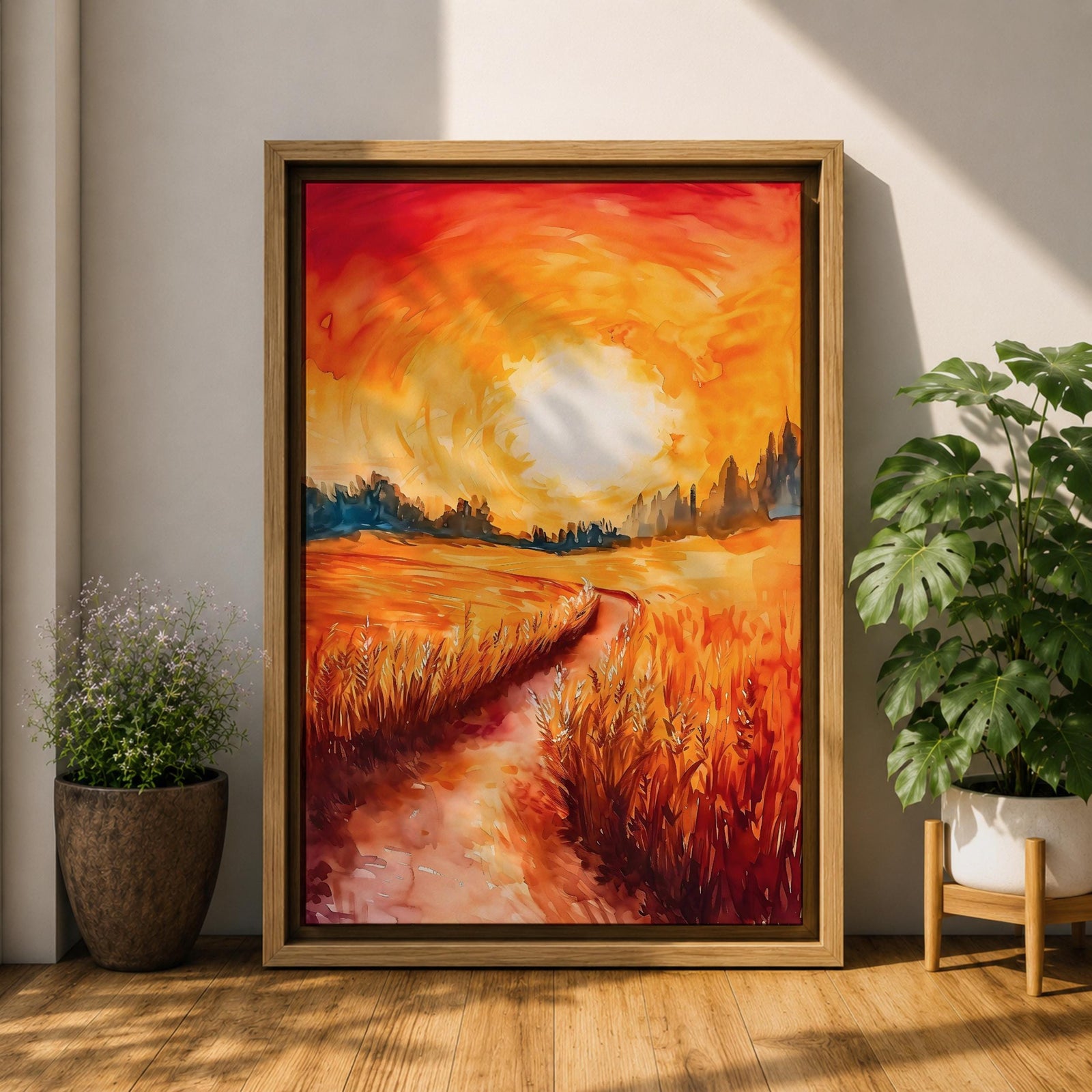 Golden Wheat Field Wall Art Sunset Path Framed Canvas Rustic Landscape Living Room Decor
