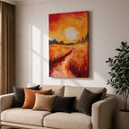 Golden Wheat Field Wall Art Sunset Path Framed Canvas Rustic Landscape Living Room Decor